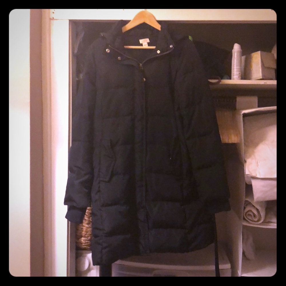 Black J. Crew puffer coat tie waist sz M